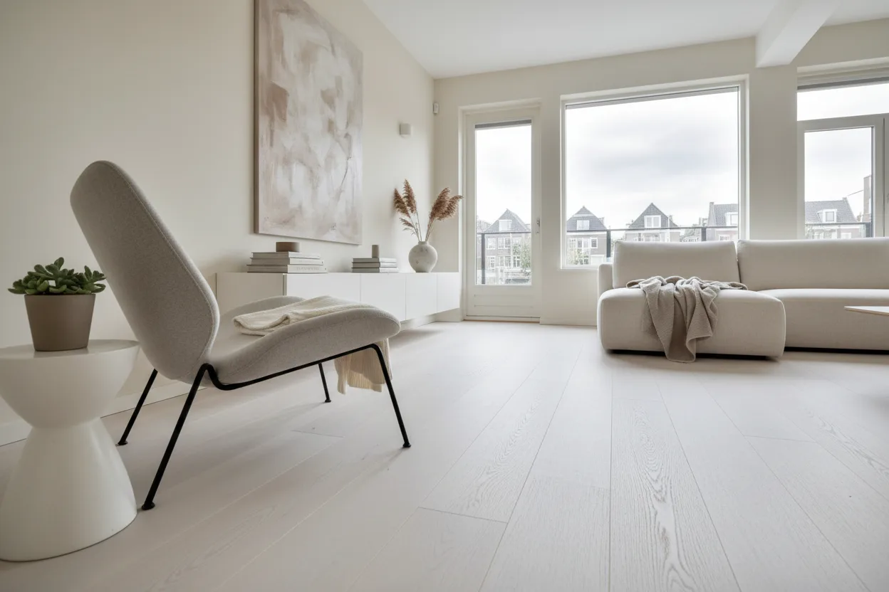Modern appartement met brede witgekalkte eiken planken