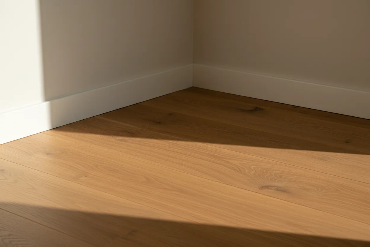 Detail van eiken planken langs een witte plint