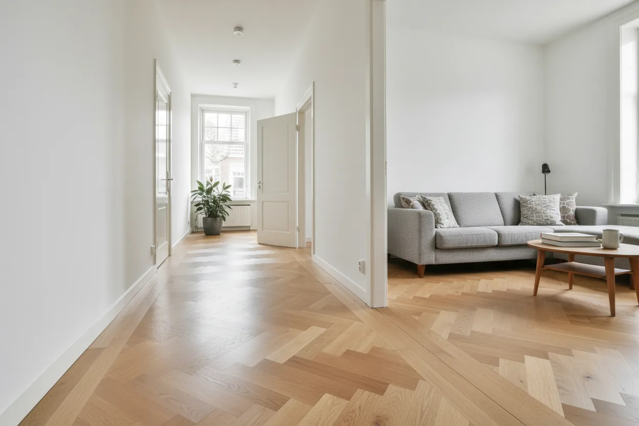 Eiken visgraatvloer in een gang en woonkamer met zichtbaar patroon